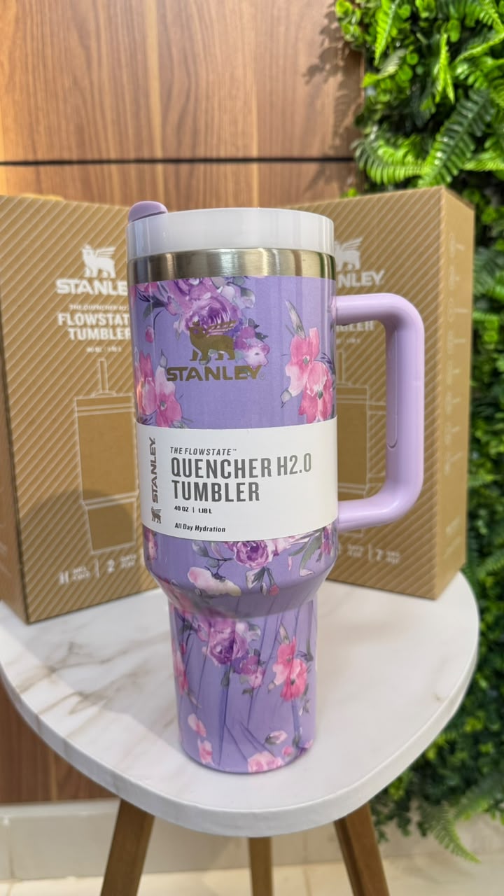 Lavender Floral Insulated Travel Tumbler with Handle & Straw Lid 40 oz