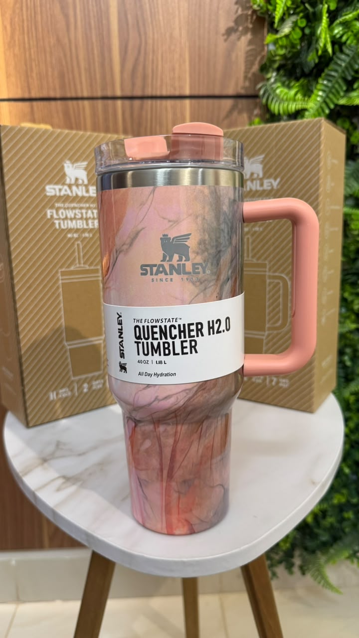 40 oz Pink Marble Insulated Travel Tumbler with Handle & Straw Lid